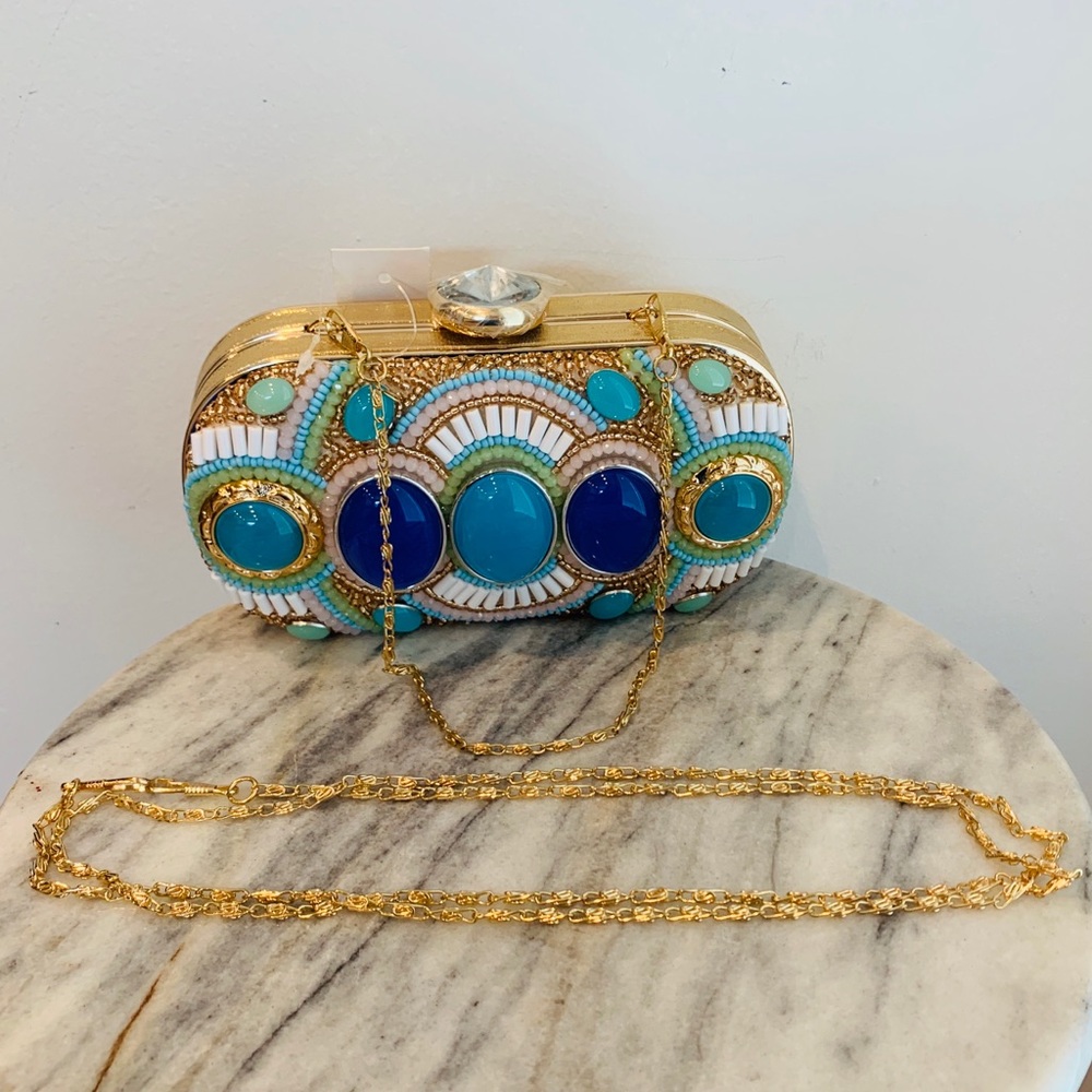 🛑SOLD🛑Blue Turquoise Gold Beaded MINAUDIÈRE Clutch Purse